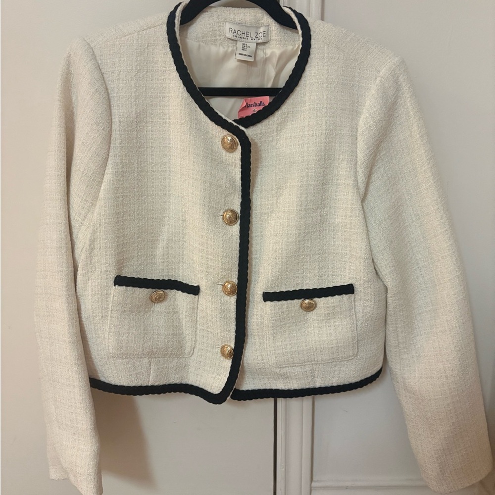 Rachel Zoe Women's Cropped Blazer Jacket with Black Trim and Gold Buttons Large